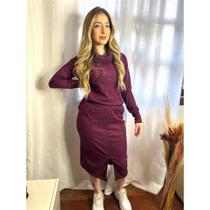 Conjunto Feminino Elegante Blusa Gola Caída e Saia com Fenda, Tendência Outono Inverno