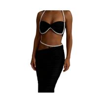 Conjunto Feminino Elegante De 2 Peças Com Miçangas E Patchwork Para Praia E Férias: Top Halter Conjunto Feminino Elegante De 2 Peças Com Miçangas E Patchwork Para Praia E Férias: Top Halter