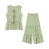 Conjunto Feminino Elegante De Calças Lisas Com Blusa Regata Gola O E Laço, Calças Soltas Casuais
