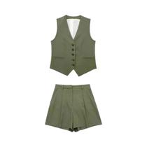 Conjunto Feminino Elegante De Colete E Calça: Colete Decote V E Shorts Slim De Cintura Alta Para