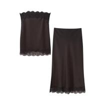 Conjunto Feminino Elegante De Duas Peças: Top Cami Com Renda E Saia Midi Com Fenda Conjunto Feminino Elegante De Duas Peças: Top Cami Com Renda E Saia Midi Com Fenda