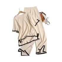 Conjunto Feminino Elegante De Suéter De Manga Longa Com Decote Redondo E Calças De Perna Larga, 2