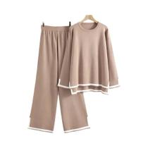 Conjunto Feminino Elegante De Suéter Pullover De Manga Longa Com Decote Redondo E Calças De Perna Conjunto Feminino Elegante De Suéter Pullover De Manga Longa Com Decote Redondo E Calças De Perna
