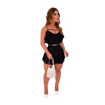 Conjunto Feminino Elegante Preto M: Short Saia Blusa Cropped Dunas com Pérolas Conjunto Feminino Elegante Preto M: Short Saia Blusa Cropped Dunas com Pérolas