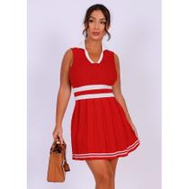 Conjunto Feminino Elegante Tricot Premium Regata Gola Polo Listrado + Saia Rodada Verão Conjunto Feminino Elegante Tricot Premium Regata Gola Polo Listrado + Saia Rodada Verão