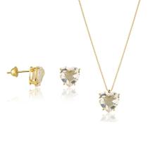 Conjunto Feminino Em Ouro 18k Brincos e Gargantilha Coração Quartzo Rosa Conjunto Feminino Em Ouro 18k Brincos e Gargantilha Coração Quartzo Rosa