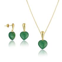 Conjunto Feminino Em Ouro 18k Brincos e Gargantilha Pedra Natural Ágata Verde