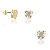 Conjunto Feminino Em Ouro 18k Brincos e Pingente Coração Quartzo Rosa