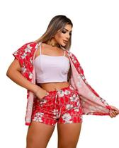 Conjunto Feminino Estampado 3 Pç Short Cropped e Kimono 0379