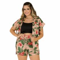 Conjunto Feminino Estampado 3 Pç Short Cropped e Kimono 0379