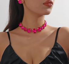 Conjunto Feminino Festa Colar Brinco Choker Zirconia Strass Redondo Prata Rosa Pink Colorido Luxo Elegante Vintage Conjunto Feminino Festa Colar Brinco Choker Zirconia Strass Redondo Prata Rosa Pink Colorido Luxo Elegante Vintage