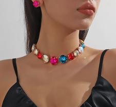 Conjunto Feminino Festa Colar Brinco Choker Zirconia Strass Redondo Prata Rosa Pink Colorido Luxo Elegante Vintage Conjunto Feminino Festa Colar Brinco Choker Zirconia Strass Redondo Prata Rosa Pink Colorido Luxo Elegante Vintage