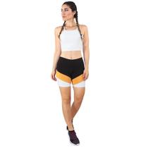 Conjunto Feminino Fitness Cropped Branco Alcinha + Short Fitness Preto Com Faixa Amarelo e Branco - Racy