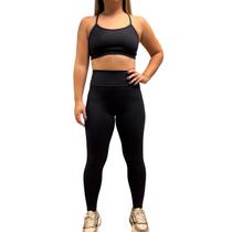 Conjunto Feminino Fitness Legging Cós alto + Top Poliamida Blackout Zero Transparência Preto