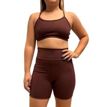 Conjunto Feminino Fitness Short Cós alto + Top Poliamida Blackout Zero Transparência Cacau