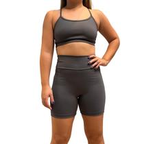 Conjunto Feminino Fitness Short Cós alto + Top Poliamida Blackout Zero Transparência Grafite
