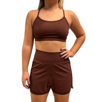 Conjunto Feminino Fitness Short Duplo Cós alto + Top Poliamida Cacau - Zero Transparência