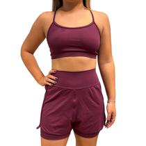 Conjunto Feminino Fitness Short Duplo Cós alto + Top Poliamida Malbec - Zero Transparência Conjunto Feminino Fitness Short Duplo Cós alto + Top Poliamida Malbec - Zero Transparência