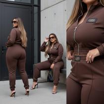 Conjunto Feminino frio inverno Neoprene luxo plus size calça Joguer casaco zíper elegante Conjunto Feminino frio inverno Neoprene luxo plus size calça Joguer casaco zíper elegante