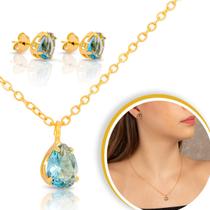 Conjunto Feminino Gota Azul Claro Banhado Corrente E Brinco