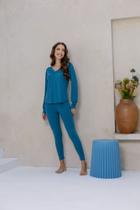 Conjunto Feminino Homewear com Calça Legging e Manga Bufante Azul Petroleo