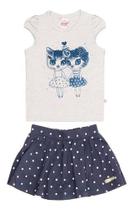 Conjunto Feminino Infantil Blusinha Gato C/ Short Saia Poá Bolinhas Nº 1 Ao 3