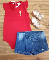 Conjunto feminino infantil body e short jeans cor vermelho - bela fase moda bebê