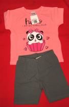 Conjunto feminino infantil cor blusa rosa e short de cotton cinza tam. 04 anos