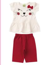 Conjunto Feminino Infantil Cute Kitty- Lual Kids - Off White/Carmim