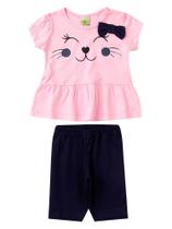 Conjunto Feminino Infantil Cute Kitty- Lual Kids - Rosa Bebê/Marinho