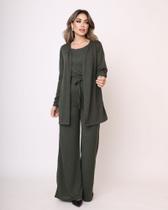 Conjunto Feminino Inverno 3 Peças Cardigan, Regata e Calça em Malha Tricô