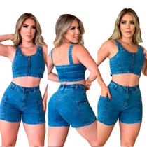 Conjunto Feminino Jeans Cropped e Shorts Com Elastano Lycra Strech Moda Balada