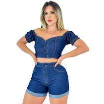 Conjunto Feminino Jeans Escuro Short e Blusa Modelo Premium Conjunto Feminino Jeans Escuro Short e Blusa Modelo Premium