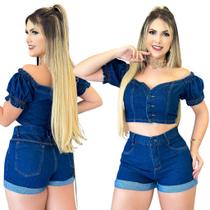 Conjunto Feminino Jeans Escuro Short e Blusa Modelo Premium Conjunto Feminino Jeans Escuro Short e Blusa Modelo Premium