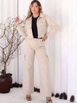 Conjunto Feminino Jeans Jaqueta e Calça Wide Leg Cargo Bege