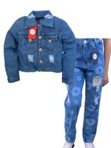 Conjunto feminino jeans juvenil jaqueta + calça jeans menina de 10 a 16 anos
