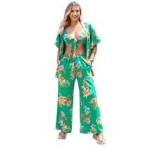 Conjunto Feminino Kimono Calça Pantalona Top Saída De Praia