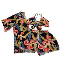 Conjunto Feminino Kimono Top Cropped Shorts 3 Peças Floral