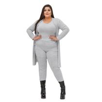 Conjunto Feminino Lanzinha Plus Size Cardigan Calça E Blusa Conjunto Lanzinha plus size Cinza