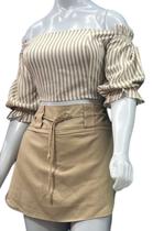 Conjunto Feminino Linho Cropped com manga e Saia