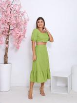 Conjunto Feminino Linho Premium Saia Midi e Blusa Manga Bufante Fashion Conjunto Feminino Linho Premium Saia Midi e Blusa Manga Bufante Fashion