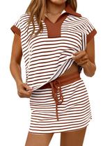 Conjunto feminino listrado de 2 peças Fisoew, moletom casual com saia skort, manga curta, conjunto esportivo combinando para lazer