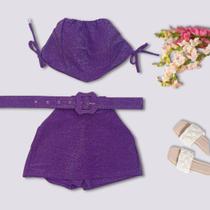 Conjunto Feminino Lurex Cropped Ciganinha Short Saia Cinto