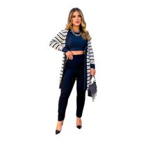 Conjunto Feminino M 3 Peças Calça Blusa Cropped Cardigan Longo Listrado Elegante Conjunto Feminino M 3 Peças Calça Blusa Cropped Cardigan Longo Listrado Elegante