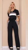 Conjunto Feminino M Moletinho Viscolycra Preto Listrado Zíper e Bolsos Conforto Casual