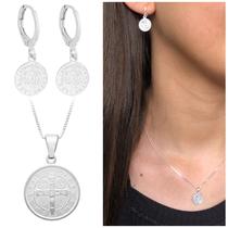 Conjunto Feminino Medalha São Bento Prata 925 Banhada Religioso