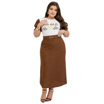 Conjunto Feminino Moda Evangélica Saia Midi E Blusa Elegante Social Moderno Atual Com Cinto Alfaiataria
