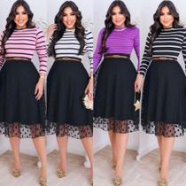 Conjunto Feminino Moda Evangélica Saia Midi Tule e Blusa Canelada com Cinto 34