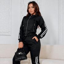 Conjunto Feminino Moletom Casual Com Zíper Capuz E Listra Lateral Calça Jogger Aerolook Confortável Conjunto Feminino Moletom Casual Com Zíper Capuz E Listra Lateral Calça Jogger Aerolook Confortável