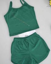 Conjunto Feminino Na Cor Verde Canelado Croppet Top Regata e Short com Cadarço TAM G